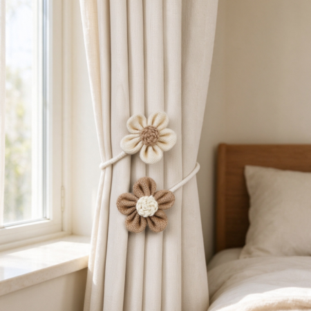 Cream-Style Knitted Curtain Tie-back with Double Flowers – Cute Fabric Decorative Tie-back