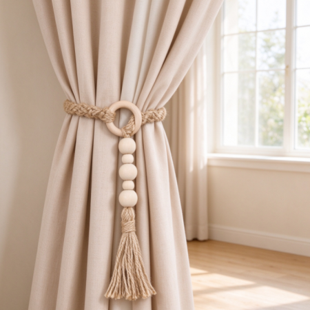 Natural Style Curtain Tie-back: Wooden Ring & Bead Tassel with Jute Rope – Hand-Woven