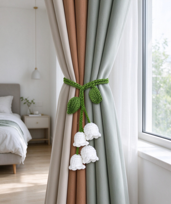 Fresh Lily-of-the-Valley Crochet Curtain Tie-back – Handmade Knitted Fabric Curtain Holder - Image 2