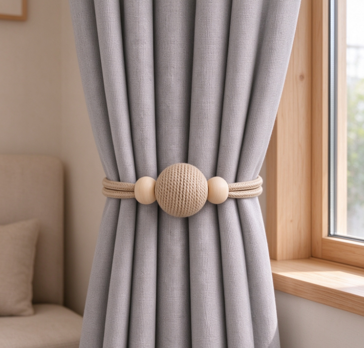 Wabi-Sabi Style Cotton Rope-Wrapped Large Ball & Wooden Bead Curtain Tieback – Minimalist Curtain Holder - Image 2