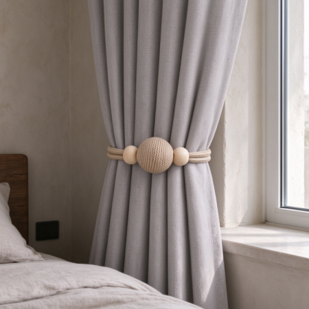 Wabi-Sabi Style Cotton Rope-Wrapped Large Ball & Wooden Bead Curtain Tieback – Minimalist Curtain Holder