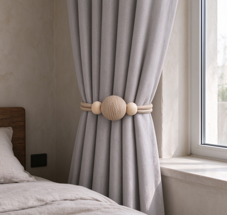 Wabi-Sabi Style Cotton Rope-Wrapped Large Ball & Wooden Bead Curtain Tieback – Minimalist Curtain Holder