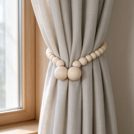 Natural Wood Bead Magnetic Curtain Tie-back – Drill-Free Curtain Holder