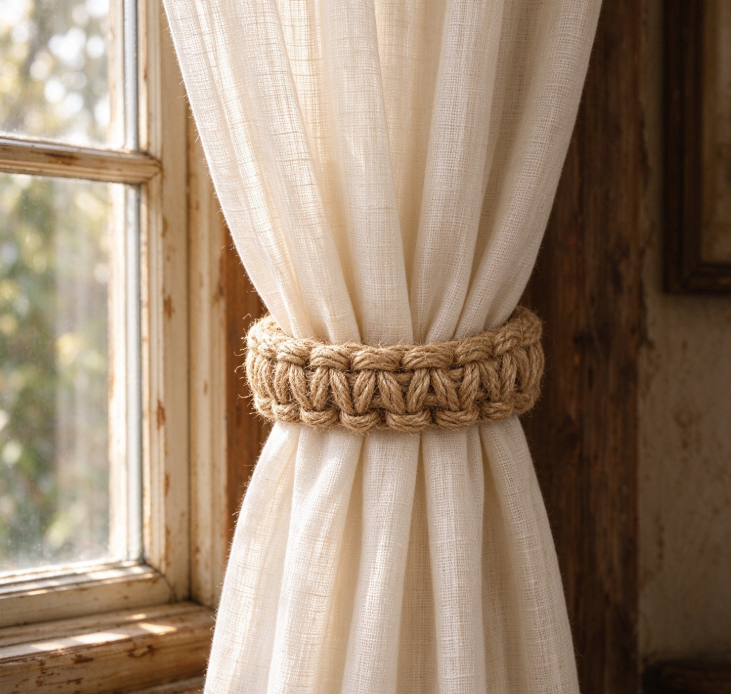 Vintage Braided Thick Jute Rope Curtain Tie-back – Minimalist Handmade Style - Image 2