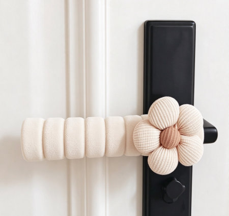 Beige Plush Door Handle Cover with Floral Accents