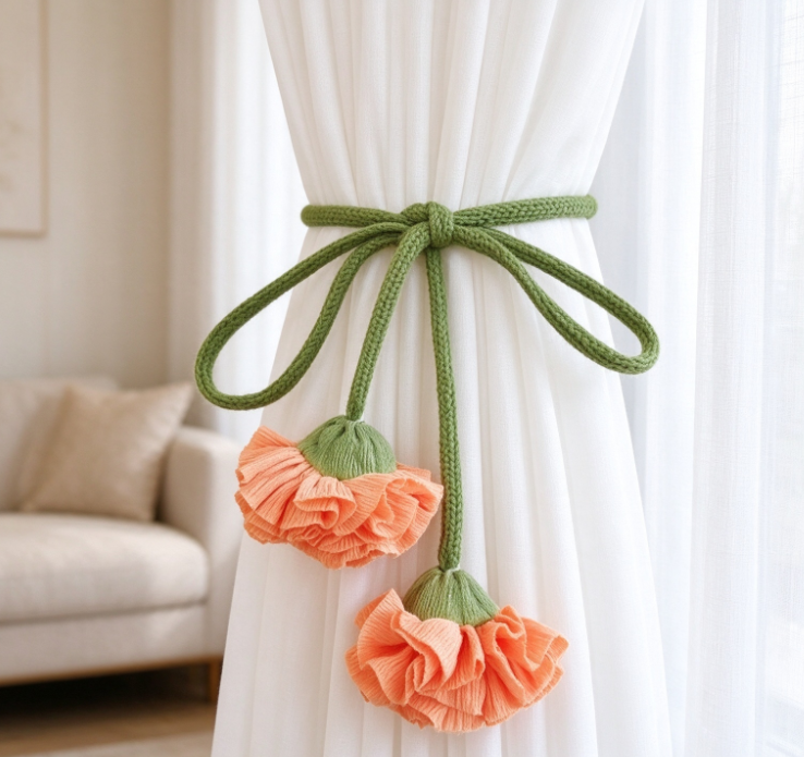 Green Bow and Floral Curtain Tieback – Sweet Fabric Curtain Accessory - Image 2