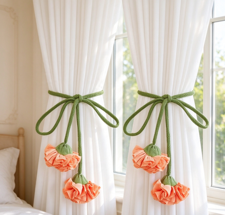 Green Bow and Floral Curtain Tieback – Sweet Fabric Curtain Accessory
