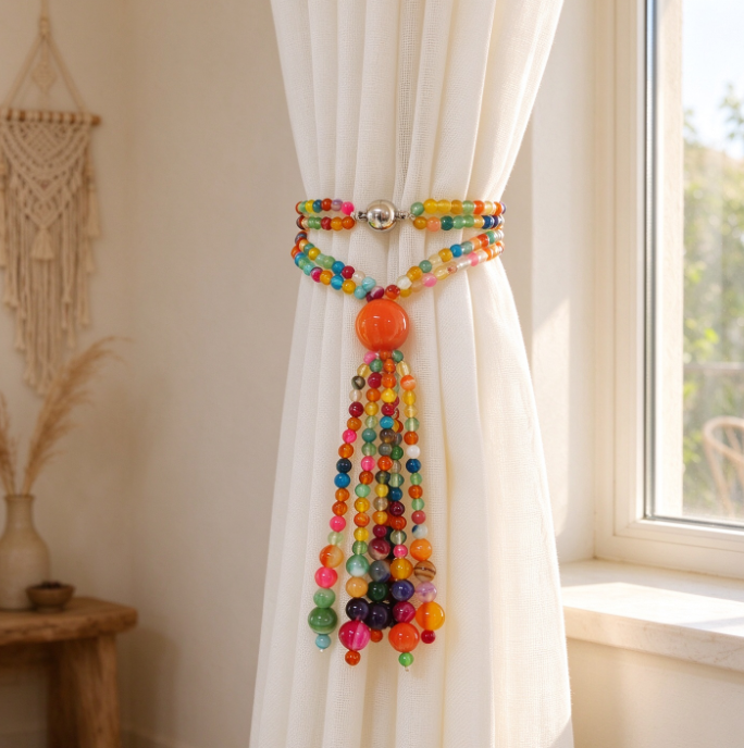 Colorful Beaded Tassel Curtain Tieback – Hand-Beaded Decorative Tie - Image 2