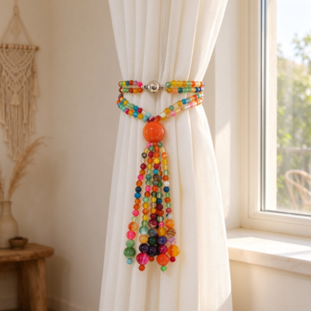 Colorful Beaded Tassel Curtain Tieback – Hand-Beaded Decorative Tie