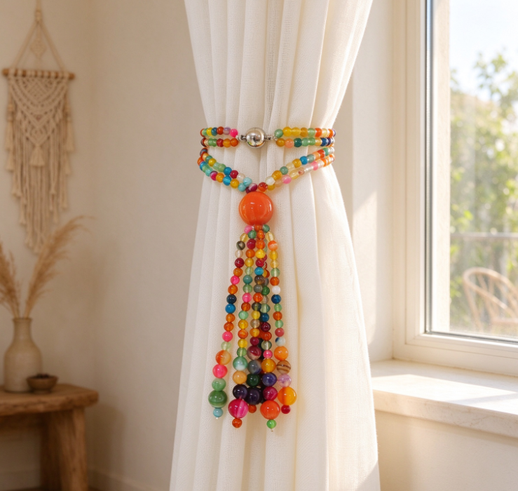Colorful Beaded Tassel Curtain Tieback – Hand-Beaded Decorative Tie