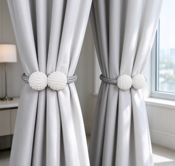 Affordable Luxury Pearl Double-Ball Curtain Tieback – Drill-Free Magnetic Decorative Tieback