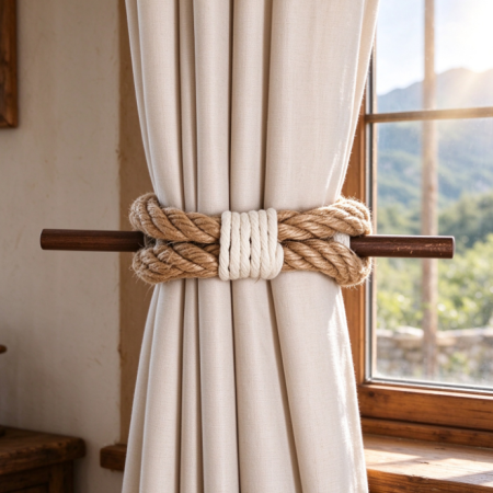 Vintage Wooden Bar & Knot Curtain Tie-back – Hand-Woven Decorative Tie