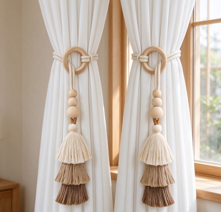 Wooden Ring & Tassel Curtain Tie-back – Cream-Style Braided Cord Design - Image 2