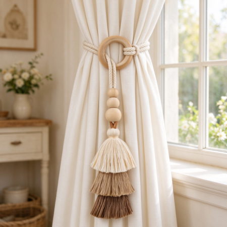 Wooden Ring & Tassel Curtain Tie-back – Cream-Style Braided Cord Design