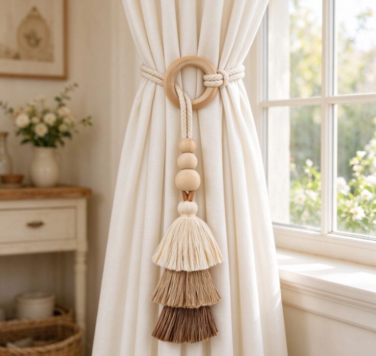 Wooden Ring & Tassel Curtain Tie-back – Cream-Style Braided Cord Design